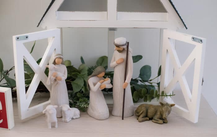 Willow Nativity in front of white barn