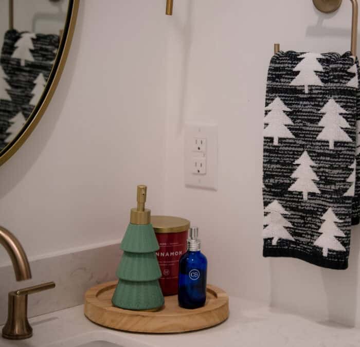black and white hand towel with Christmas trees in guest bathroom