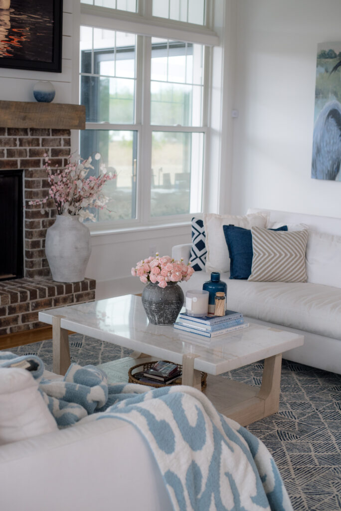 blue and white living room from a different angle. 